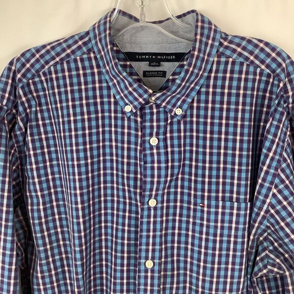 Tommy Hilfiger Men’s XL Plaid Shirt Button Up Down Long Sleeves Blue Classic Fit - Picture 3 of 16